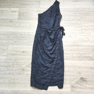 Anthropologie Black One Shoulder Linen Dress Womens 4 Wrap Midi
